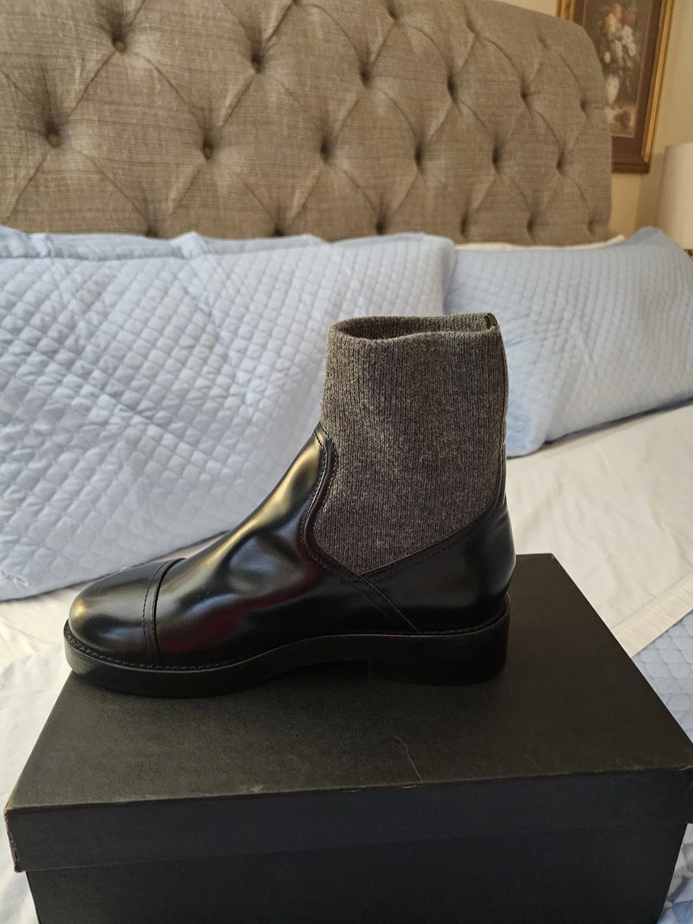 J.Crew Black Italian  Leather Sock Ankle Boots with Gray Knit Cuff